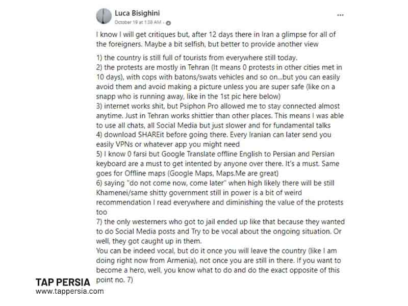 the tourists’ experiences during Iran protest